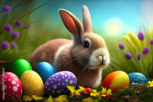 Kaninchen / Hase mit bunten Ostereier aufm Rassen mit Frühlingsblumen, Osterbild , Postkarte, generative AI © getti