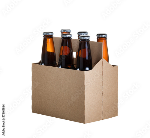 Six pack of glass bottled beer in generic brown cardboard carrier isolated on transparent background