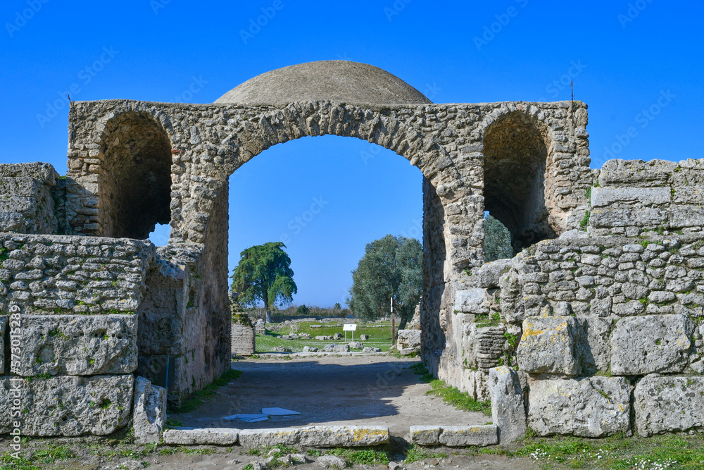 Architecture of an ancient Greek temple in the archaeological park of Paestum in Campania, Italy.