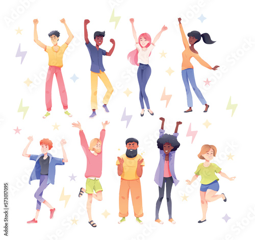 Happy People Characters Rejoicing and Cheering Vector Set