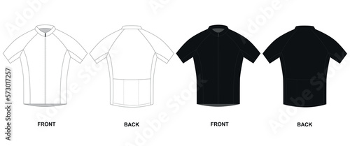Set of technical vector drawings of cycling jersey in white and black colors.
Bicycle jersey front and back view, vector. Short sleeve zip sweatshirt template for cycling.