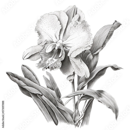 Black and white orchid bloom illustration, transparent background, flower, generative ai