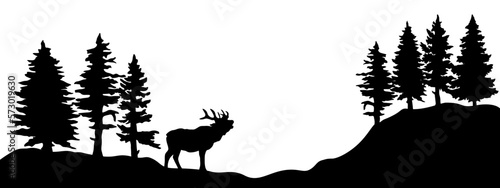 Tableau sur toile Black silhouette of wild deer and forest fir trees camping wildlife landscape pa