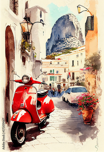 Italy in watercolor, Positano landscape, italian landscape, ai generative, home decoration, wall decor, wall art photo