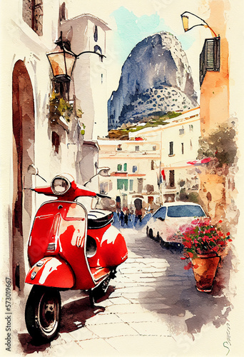 Foto Italy in watercolor, Positano landscape, italian landscape, ai generative, home