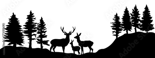 Black silhouette of wild deer family and forest fir trees camping wildlife adventure landscape panorama illustration icon vector for logo, isolated on white background