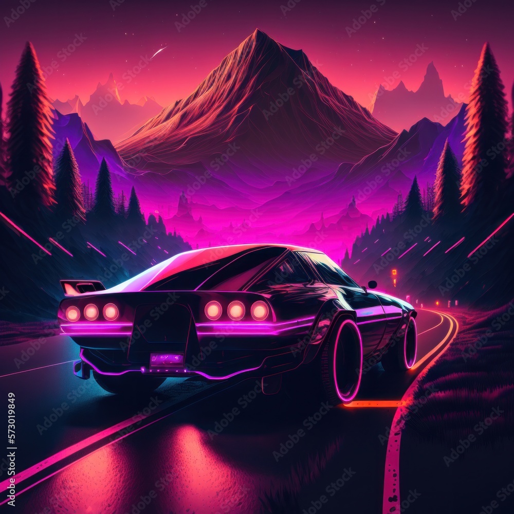 Neon lights on the road. Racing car driving on highway. Concept of car simulation. Generative AI.