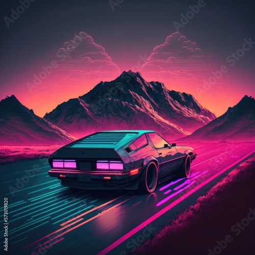Neon lights on the road. Racing car driving on highway. Concept of car simulation. Generative AI.