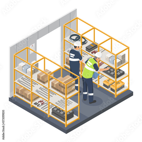 Technician in Storeroom and Tool Crib Room Management industrial manufacturing worker concept illustration isometric isolated vector