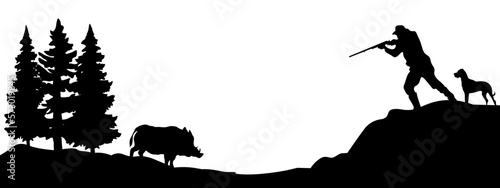 Wildlife forest landscape hunt hobby leisure background banner illustration vector for logo - Black silhouette of hunter and dog hunting, wild boar and forest trees fir, isolated on white background