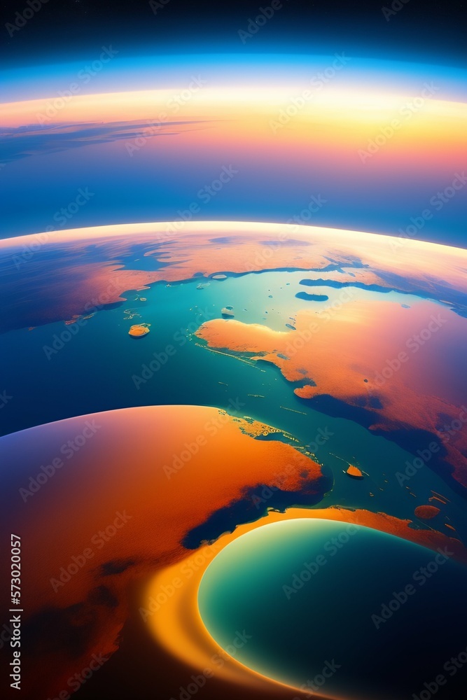 Curvature of the Earth.. Satellite image of the Earth.. Oceans, Rivers, Mountains.. Sunset