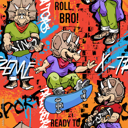 Grunge dinosaur pattern. Vector illustration. Triceratops rides on a skateboard. T-shirt design. print. Dinosaur character design. Fashion illustration for clothes fabrics.jpg