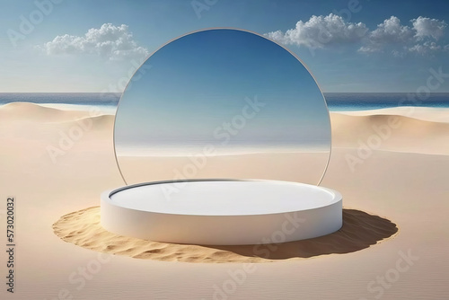 Product display podium on a tropical sand beach with ocean. Generative ai © ink drop