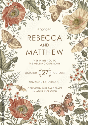 Butterfly Peacock moth insect fly. Thank You Greeting invitation card wedding. Beautiful frame label. Set Flowers Poppy realistic. Engraving drawing Freehand Flora. Vector victorian style Illustration