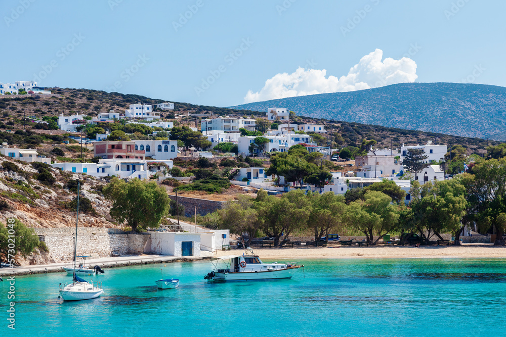 Iraklia island, Greece. View of the port of Iraklia, one of the Lesser Cyclades islands, close to Naxos island, in Cyclades islands of the Aegean sea, Greece, Europe. 