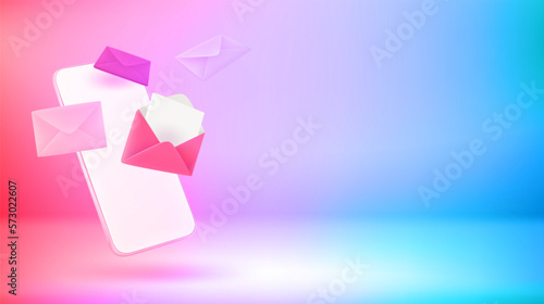 Sending mail via mobile phone. Vector 3d banner with copy space