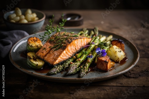 A piece of grilled salmon with asparagus and roast potatoes