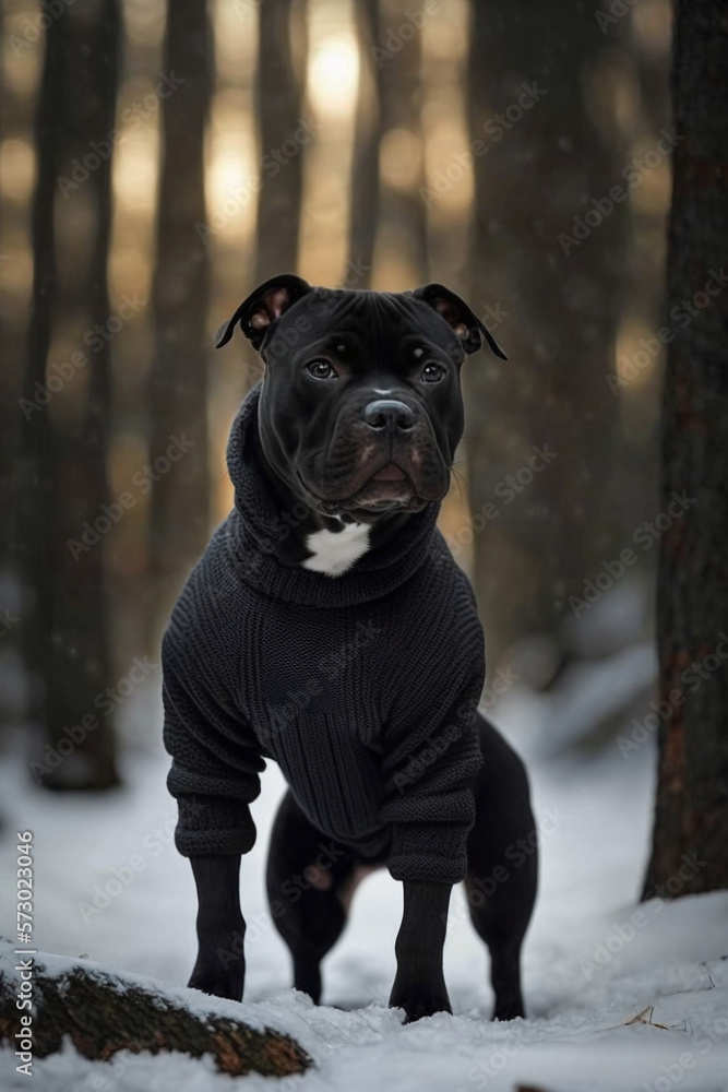 Bulldog dog in a black knit sweater in the woods