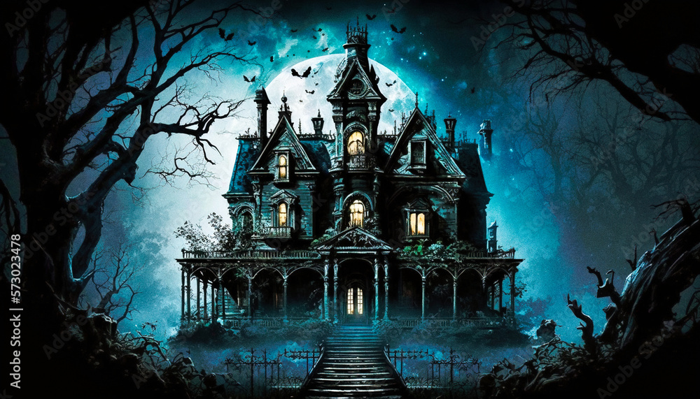 Exterior view of a scary haunted manor by night - genrative ai Exterior view of a scary haunted manor by night - genrative ai