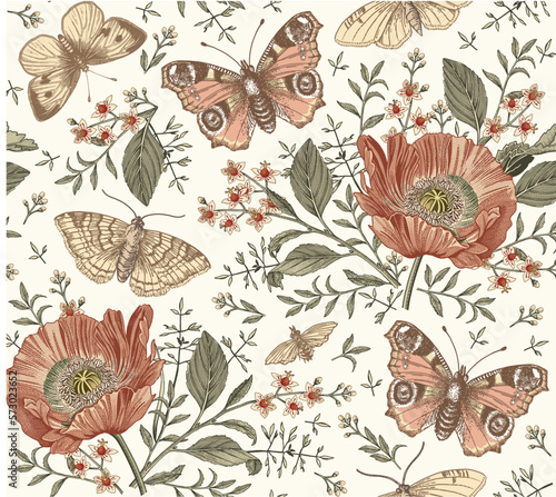 Seamless pattern Flowers. Butterflies peacock moths insect fly. Set Blooming Poppy Poppies realistic isolated. Vintage fabric background. Wallpaper. Drawing engraving. Vector victorian Illustration