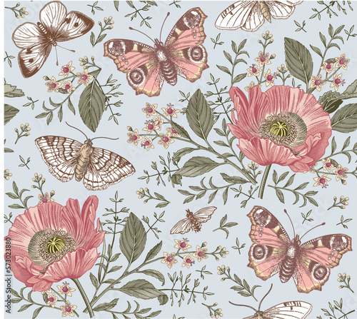 Seamless pattern Flowers. Butterflies peacock moths insect fly. Set Blooming Poppy Poppies realistic isolated. Vintage fabric background. Wallpaper. Drawing engraving. Vector victorian Illustration