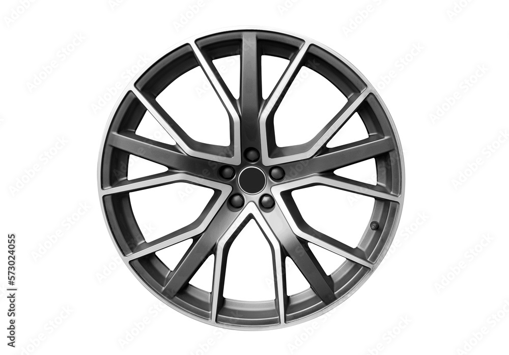Car alloy wheel isolated on white background. New alloy wheel for a car on a white background. Alloy rim isolated. Car wheel disc.