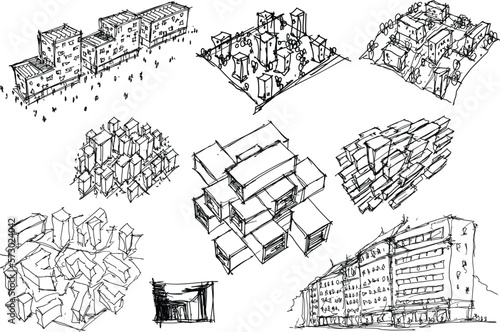 many hand drawn architectectural sketches of architecture and urban ideas, buildings and people