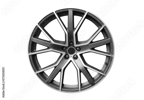 Car alloy wheel isolated on white background. New alloy wheel for a car on a white background. Alloy rim isolated. Car wheel disc. © Aleksei