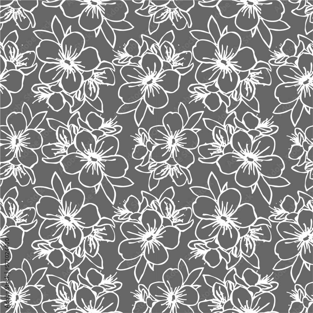 seamless pattern of white contours of flowers on a gray background, texture, design