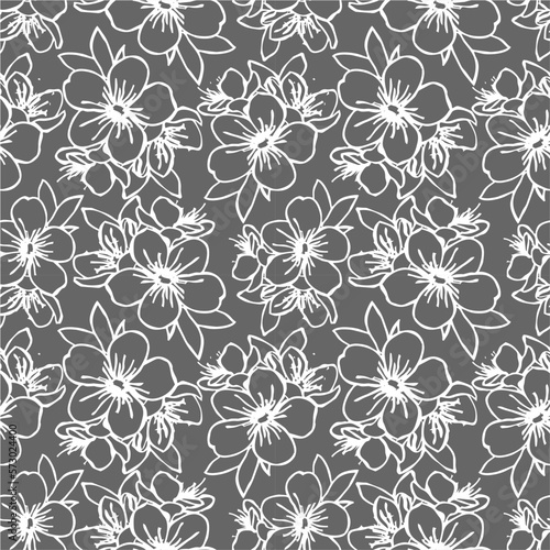 seamless pattern of white contours of flowers on a gray background, texture, design © Yuliia