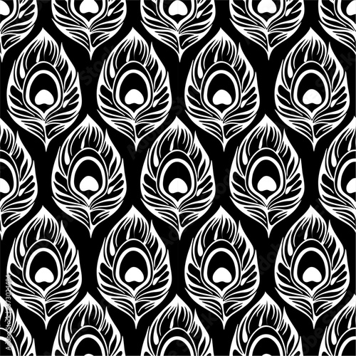 seamless contour pattern of white peacock feathers on a black background, texture, design