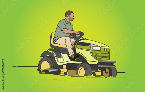 Vector graphic of a man cutting grass on a riding lawn mower