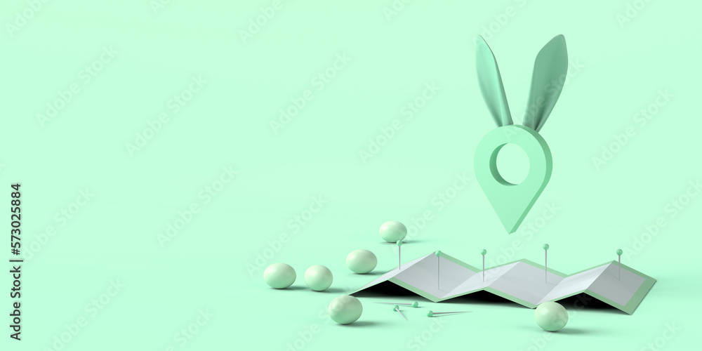 Map with easter bunny ears and easter eggs. 3D illustration. Copy space. Map with easter bunny ears and easter eggs. 3D illustration. Copy space.
