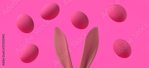 Easter bunny ears with floating easter eggs. 3D illustration. Copy space.