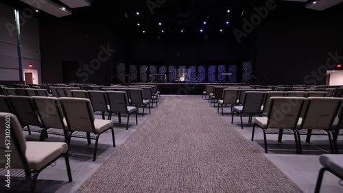 Empty Modern Church Sanctuary Push Forward Toward Stage