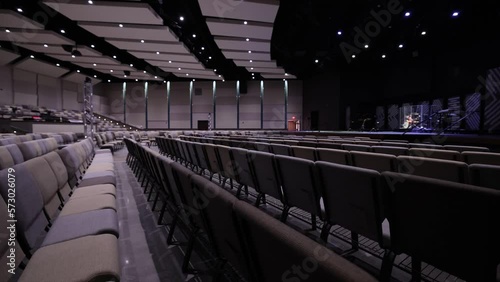 Empty Modern Church Seats Wide Shot