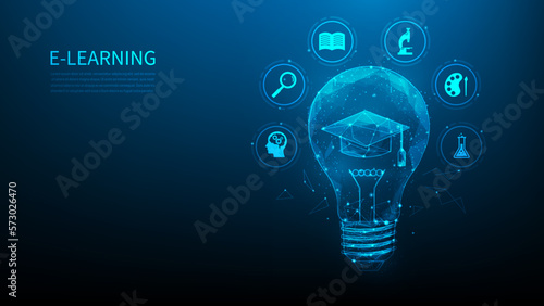 e-learning education with icon digital technology. light bulb online education. learning student and knowledge. vector illustration fantastic low poly wireframe.