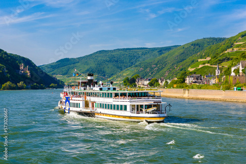Touristic cruise passenger motor ship boat and vineyards in Ruedesheim am Rhein Rhine, Rudesheim, Rheingau-Taunus-Kreis, Darmstadt, Hessen, Germany