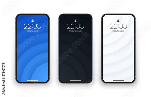 Different Minimal Blue Black Light Grey 3D Smooth Blurred Lines Wallpaper Set On Photo Realistic Cell Phone Screen Isolated On White Background. Various Vertical Abstract Screensavers For Smartphone