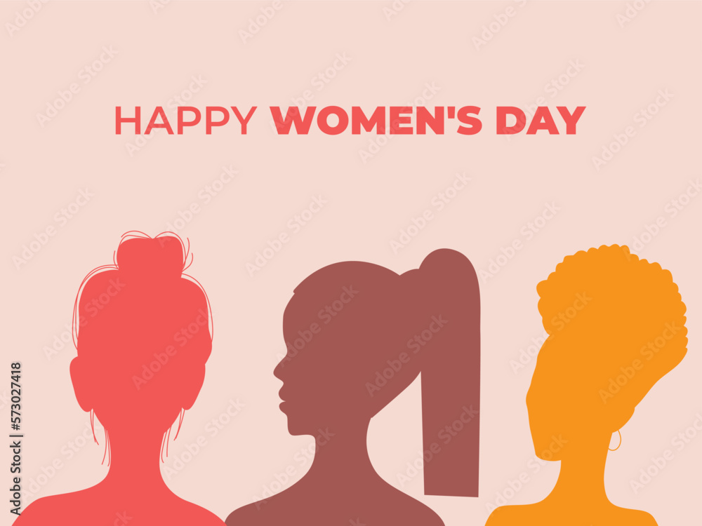 International women's day card. 8 march. Various women standing together. Girl power. Colorful women silhouettes. Feminists.