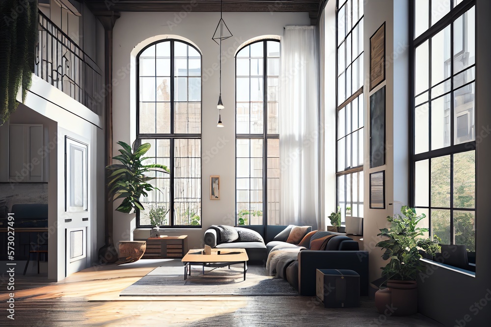 Illustration Of Modern Loft Apartment With Big French Window. Generative AI Illustration Of Modern Loft Apartment With Big French Window. Generative AI