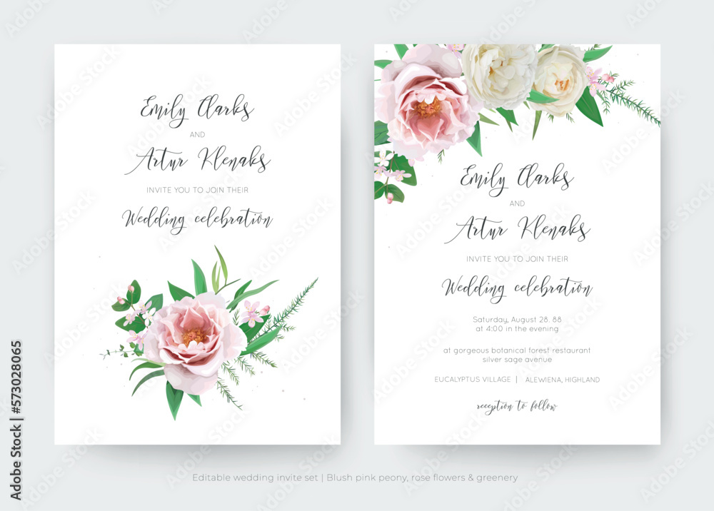 Elegant floral wedding invite card. Vector pink peony, cream white rose flowers, green leaves bouquet illustration. Stylish editable spring summer season watercolor marriage save the date template set