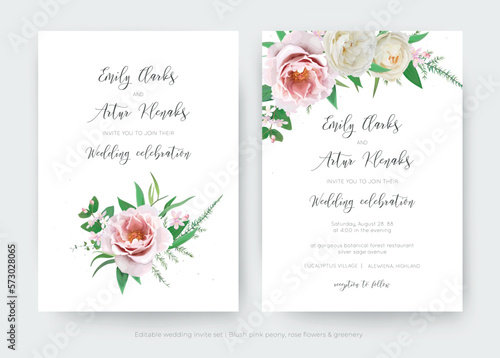 Elegant floral wedding invite card. Vector pink peony, cream white rose flowers, green leaves bouquet illustration. Stylish editable spring summer season watercolor marriage save the date template set © Alewiena