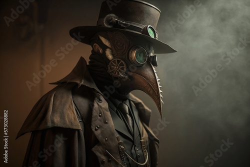 Mysterious Masked Man Plague Doctor, with Bird Mask and Hat. Steampunk, Retro-Futuristic, Leather-Clad, Enigmatic, Victorian-Inspired Style - Generative AI