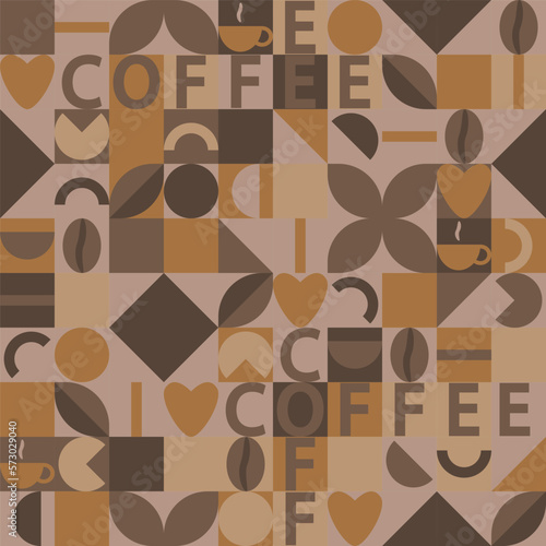 seamless geometric pattern with the word coffee cup and coffee beans in brown shades