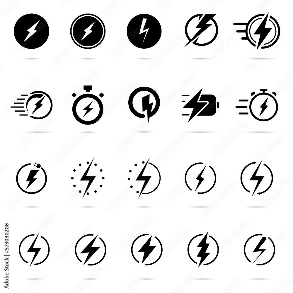 Lightning bolt set. Thunderbolt flat style. Lightning, electric power