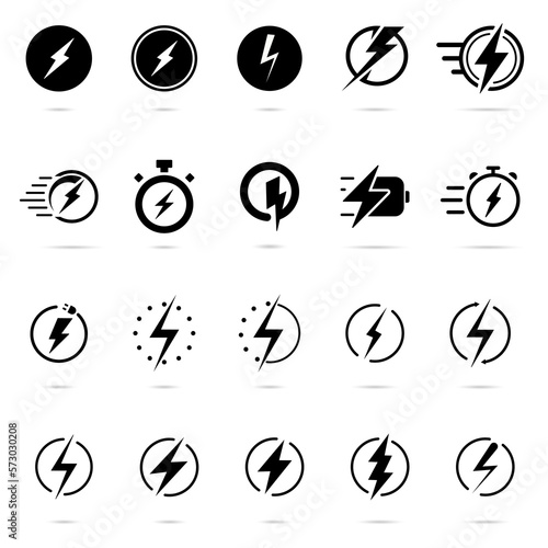 Lightning bolt set. Thunderbolt flat style. Lightning, electric power vector logo design element. Energy and thunder electricity symbol concept. Lightning bolt sign in the circle. fast charge icon set