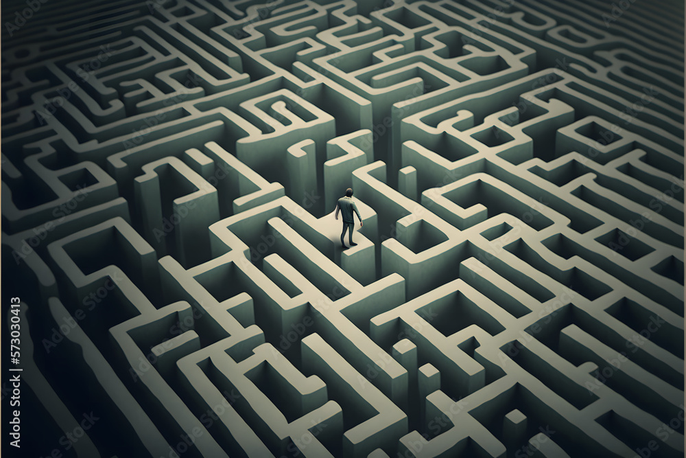 Man lost in maze top view created with generative AI technology Man lost in maze top view created with generative AI technology