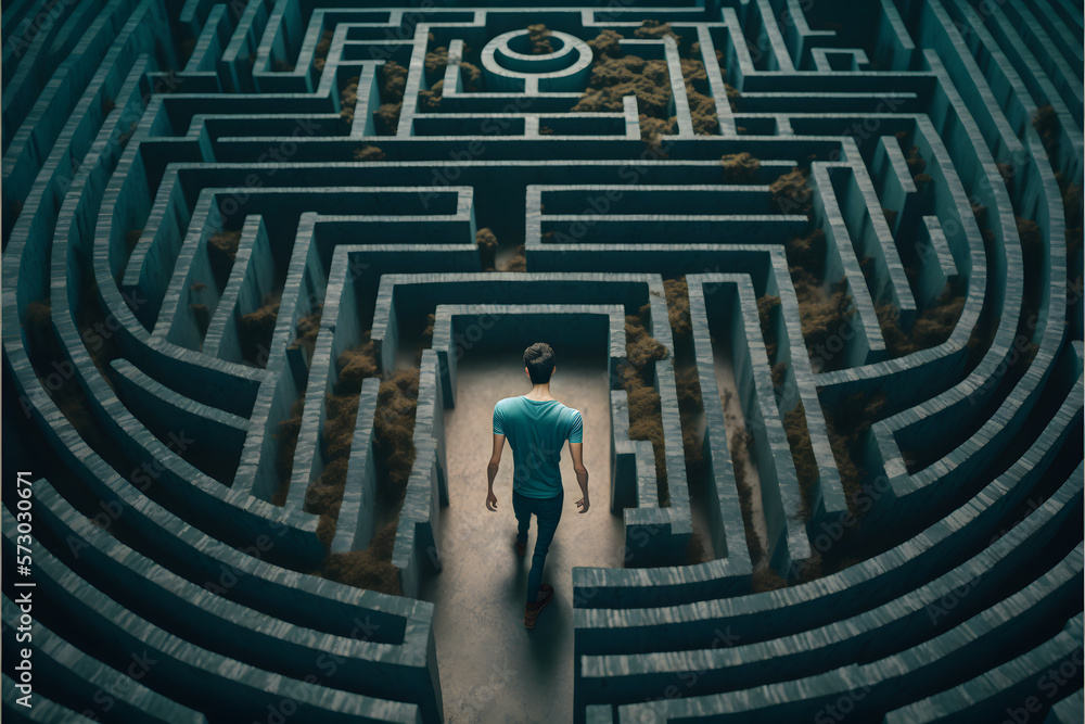 Man lost in maze top view created with generative AI technology Man lost in maze top view created with generative AI technology