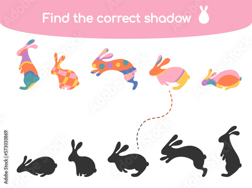 Find the correct shadow. Kids educational game. Funny Easter bunny rabbits of different poses and colors. Vector illustration for children books and magazines